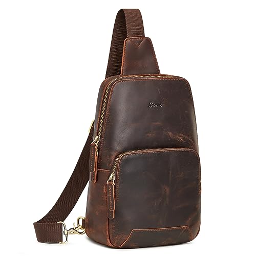 S-ZONE Sling Bag for Men Women RFID Blocking Genuine Leather Crossbody - color: Dark Brown