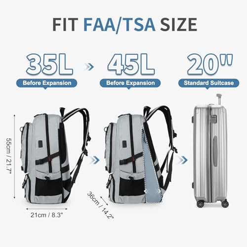 Travel Backpack with Shoe Compartment 45L TSA Carry on Fits 18.4" - color: Expandable Light Grey