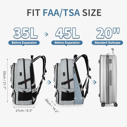 Travel Backpack with Shoe Compartment 45L TSA Carry on Fits 18.4" - color: Expandable Light Grey