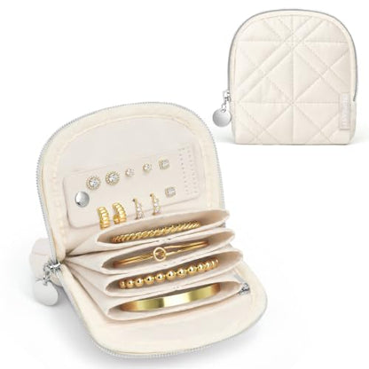 TOPEAST Quilted Travel Jewelry Case for Women, Puffer Jewelry Organized Bag - color: Beige-Shell
