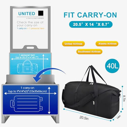Carry On Luggage 22x14x9 Airline Approved, 40L Gym Duffle Bag for Travel - color: Black, size: 40L