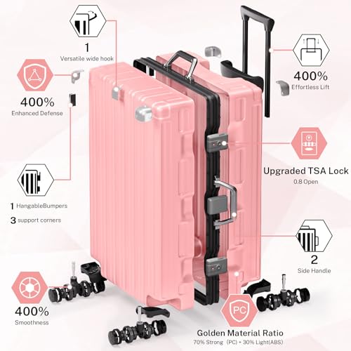 Krute Zipperless Luggage 28inch Checked Hard Shell Suitcases with Wheels - color: Pink, size: Large (28 Inch)