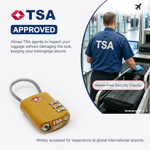 TSA Locks for Luggage, Small Padlock Combination with Cable, Luggage Locks TSA Approved, Combo Padlock with Code, for Travel Suitcase, Gym Locker, Gun Case, Backpack Zipper (Black+Golden) - color: Black+Golden