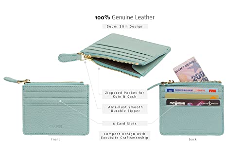 grande 3603 Genuine Leather Card Holder For Women and Men Slim Minimalist Small Zipper Wallet (MINT GREEN) - color: MINT GREEN