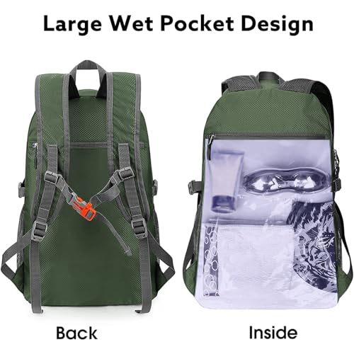 G4Free 40L Lightweight Packable Hiking Backpack, Waterproof Travel Daypack - color: Green