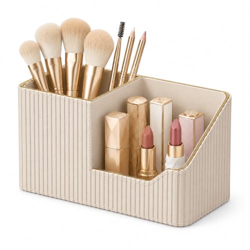 GORESE Leather Makeup Brush Holder with Lipstick Organizer, Beige - color: Beige