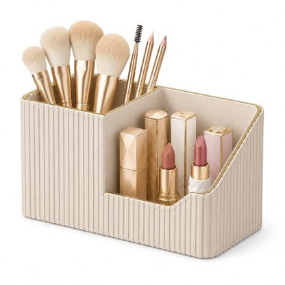 GORESE Leather Makeup Brush Holder with Lipstick Organizer, Beige - color: Beige