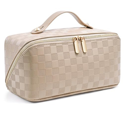 ALEXTINA Travel Makeup Bag, Checkered PU Leather Cosmetic Bag, Khaki - color: khaki, size: Medium