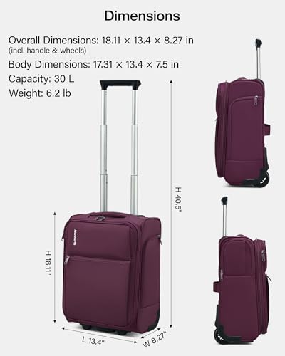 Hanke Underseat Carry On Luggage with Wheels, 17 Inch Rolling Bag, Purple - color: Purple, size: 17 Inch Underseat Plus