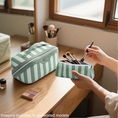 BOYATU Travel Makeup Bag for Women: 3 Pcs Set Striped Make up Bag,Green - color: A-2-Green
