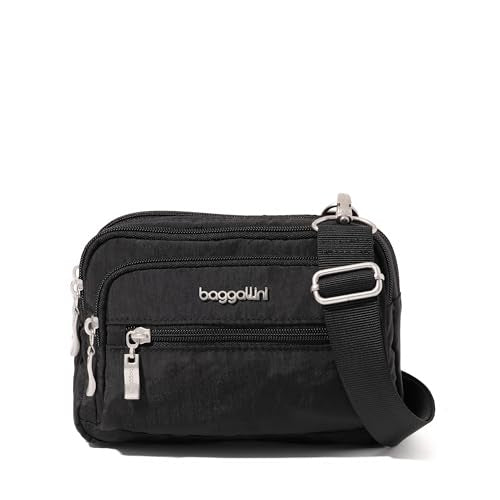 Baggallini Triple Zip Small Crossbody Bag for Women - Lightweight Convertible Fanny Pack Belt Bag - color: Black With Sand Lining, style: Wide Strap