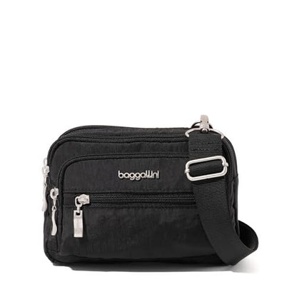 Baggallini Triple Zip Small Crossbody Bag for Women - Lightweight Convertible Fanny Pack Belt Bag - color: Black With Sand Lining, style: Wide Strap