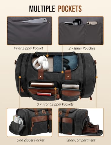Waxed Canvas Duffle Bag for Travel 50L Expandable, Dark Grey - color: Waxed Dark Grey, size: Large 50 L