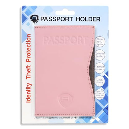 Alban RFID Passport Holder for Women & Men, Genuine Leather Passport Cover - color: Pink