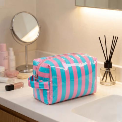 PVC Striped Clear Coated Waterproof Makeup Bag(11Pink Blue) - color: 11Pink Blue