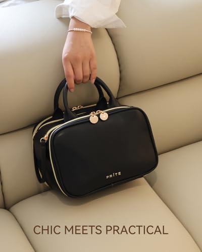 Prite Large Makeup Bag, Waterproof Travel Cosmetic Case with Brush Holder - color: Black, size: Medium