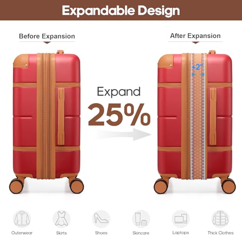 Expandable Carry On Luggage Set, 20In PC Hardside Suitcase with Backpack - color: Red