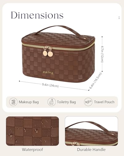 Prite Makeup Bag Travel Cosmetic Case, Women Toiletry Bag, Checkered Brown - color: Checkered Brown