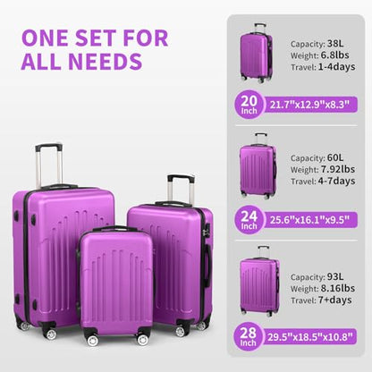 Karl home Luggage Set 3 Piece Hardshell Suitcases with TSA Lock, Purple - color: Purple, size: 3 Piece Set (20/24/28 Inch)