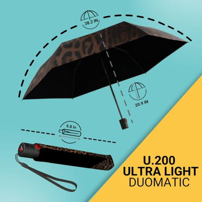 Knirps U.200 Ultra Light Duomatic Automatic Open Rain Umbrella - Compact Windproof Travel Umbrella for Adults - 97cm Diameter Retractable With Carrying Case - color: Leo with Black Heat Shield