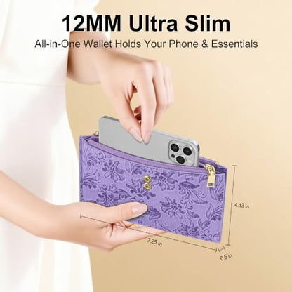 Travelambo Womens Leather Bifold Wallet, Slim RFID Blocking Card Holder - color: Purple Flower