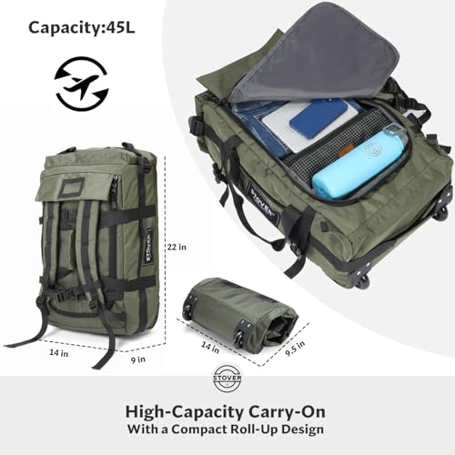 STOVER 45/100L Carry-On U-Zip Rolling Duffel Bag with Wheels, Medium Durable Travel Duffle w/Toiletry Bag, Heavy-Duty, Packable w/Shoulder Straps- Use as Luggage or Backpack, Men/Women (Green) - color: U-Zip Green
