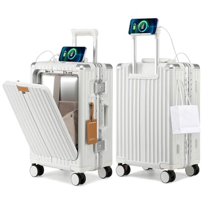 Joyway Front Opening PC Aluminum Carry On Luggage, Business Travel Hard Shell Suitcase with Laptop Compartment, Braking Spinner Wheels and Phone Holder, 20 Inch - color: White, size: 20 Inch