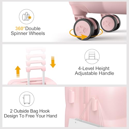 MGB Carry On Luggage 22x14x9 Airline Approved, Lightweight PC Hardside Suitcase with 360° Spinner Wheels & TSA Lock, Scratch Resistant for Travel & Business - Pink - color: Light Pink, size: 20 Inch