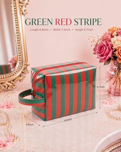 LETGO Preppy Pink Green Stripe Sunscreen Bag Clear Makeup Toiletry Pouch Beach Vacation Essentials for Women Teen Girls Trip Gifts Summer Pool Travel Must Have Accessories(Stripe-Pink Green) - color: Stripe-Pink Green