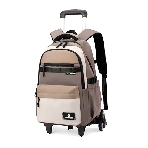 ZHANAO Kids Rolling Backpack for Boys School Color-blocking Trolley Bag - color: Brown-6 Wheels
