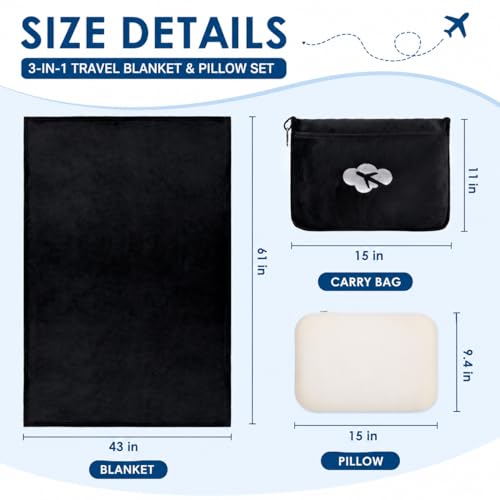 Nerien Blanket Pillow for Airplane Travel Essentials -3 in 1 Plane Travel Set Black - color: Black