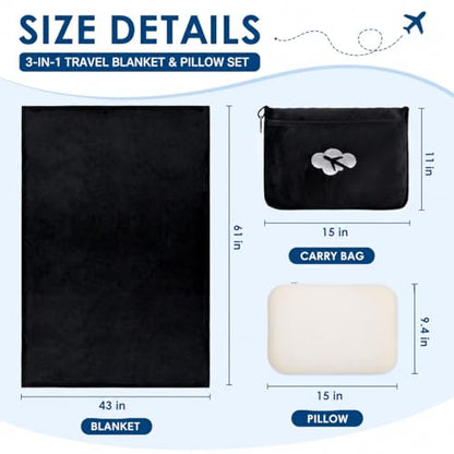 Nerien Blanket Pillow for Airplane Travel Essentials -3 in 1 Plane Travel Set Black - color: Black