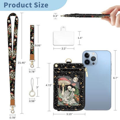 Skull Lanyard Wallet with Id Badge Holder Keychain for Card Women - color: Skeleton Mushroom