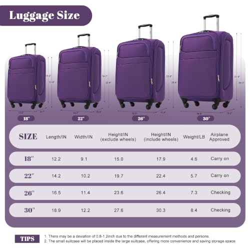 Merax 4-Piece Expandable Luggage Set,Softside Suitcase,Purple - color: Purple+18IN, style: Softside Luggage(22/26/30)