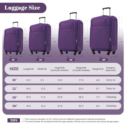 Merax 4-Piece Expandable Luggage Set,Softside Suitcase,Purple - color: Purple+18IN, style: Softside Luggage(22/26/30)