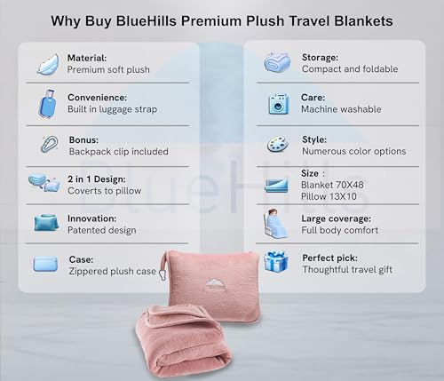 BlueHills Premium Soft Long Travel Blanket Pillow Combo – Dusty Rose Pink | Long 70x48 Travel Blanket Pillow 2 in 1, Soft Pillowcase, Backpack Clip, Compact & Portable, Large Throw Traveling Essentials - color: Pink-long-t055