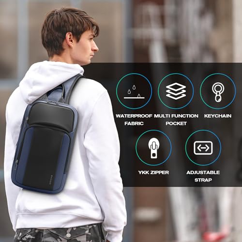 BANGE Mens Sling Bag, Large Shoulder Bag for Men Waterproof, Crossbody Bag Men with Separated Pad Compartment - color: Blue, size: Large