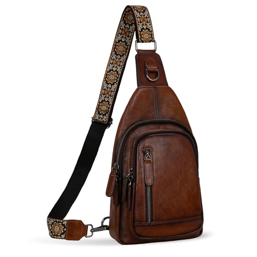 HESHE Leather Sling Bag for Women RFID Crossbody Purse Fanny Pack Chest Bag - color: Coffee