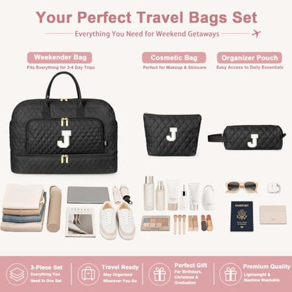 TIBES Birthday Graduation Gift for Her, Initial Weekender Bag for Women 45L - color: Black Diamond Quilted, style: J