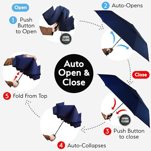 TUMELLA Reverse Folding Windproof Umbrella, Large 46", Strong & Light - color: F. Navy Blue