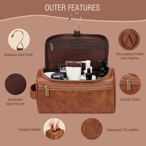 Travel Toiletry Bag Hanging For Mens PU Leather - Yellow Brown (Initial K) - color: Yellow Brown, style: K