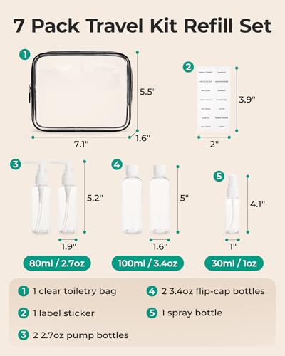 BAGSMART Clear Toiletry Bag with Refillable Travel Bottles Set, Black - color: Pure Black, size: 1 Pack with 5 bottles, Medium