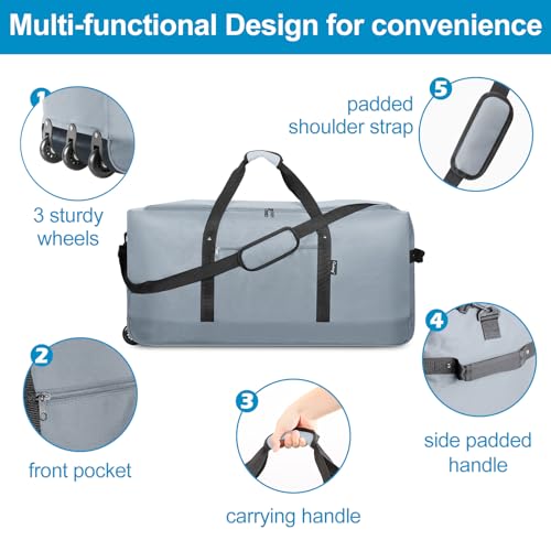 Finnhomy 120L Foldable Rolling Duffel Bag with 3 Wheels, Light Weight Travel Duffel bag with Large Loading Capacity, 32'' Rolling Duffel bag with Shoulder Strap - color: Grey