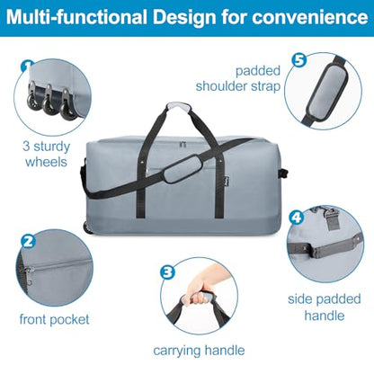 Finnhomy 120L Foldable Rolling Duffel Bag with 3 Wheels, Light Weight Travel Duffel bag with Large Loading Capacity, 32'' Rolling Duffel bag with Shoulder Strap - color: Grey