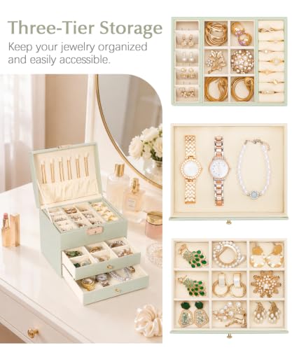 Homde Small Jewelry Box for Girls: 3-Layer Lockable Organizer (Sage Green) - color: Sage Green