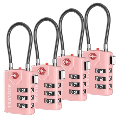 TSA Approved Luggage Locks, Combination Cable Locks, 4 Pack, Pink | Search Alert shows TSA key access; resettable 3-digit code and flexible braided steel cable for suitcases and backpacks. - color: Pink 4 Pack