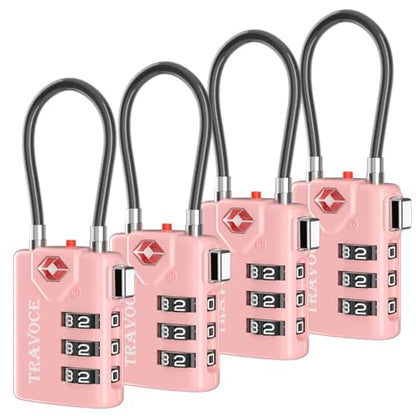 TRAVOCE TSA Approved Luggage Locks, Combination Cable Locks, 4 Pack, Pink | Search Alert shows TSA key access; resettable 3-digit code and flexible braided steel cable for suitcases and backpacks. - color: Pink 4 Pack