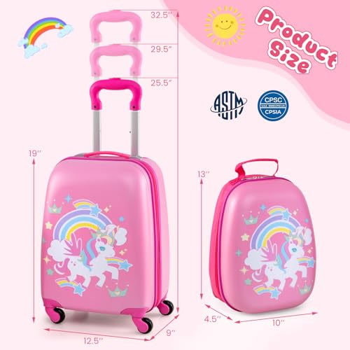 GYMAX Kids Carry On Luggage Set, 12" & 16" 2PCS Rolling Suitcase - color: Crown Pony