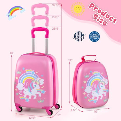 GYMAX Kids Carry On Luggage Set, 12" & 16" 2PCS Rolling Suitcase - color: Crown Pony