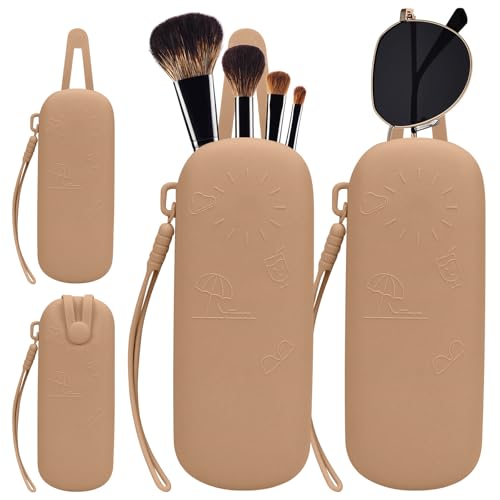 Travel Essentials Makeup Brush Holder,Portable Make Up Organizer,Silicone Cosmetic Brush Pouch with Magnetic Buckle,Sunglass Organizer Travel Essentials (Brown) - color: Brown